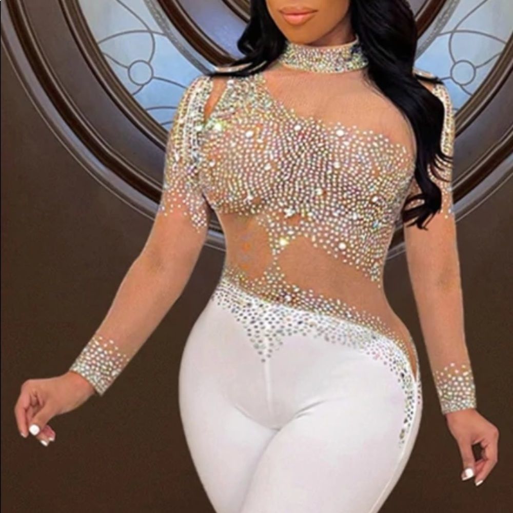 White Jumpsuit with Crystal Embellishments